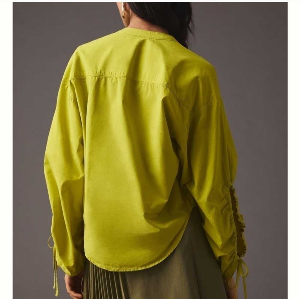 Pilcro Anthropologie Drawstring Chartreuse Poplin Button Blouse Womens XXS - Picture 3 of 14